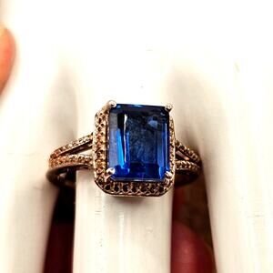 Blue Topaz Halo Ring Sterling Silver 925 Split Shank Rectangular Size 9.25
